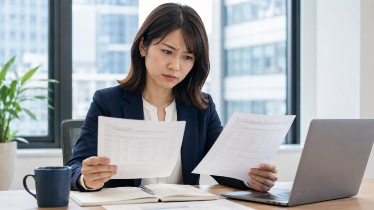 入社後に仕事内容が違うと気づき求人票と労働条件を確認する会社員