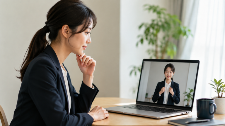 Web面接の服装を画面で確認するビジネスパーソン