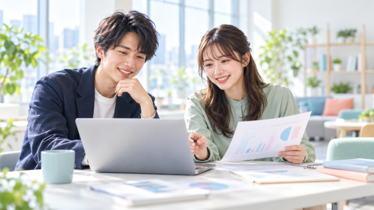 第二新卒の転職活動で求人情報や資料を確認する20代の日本人男女